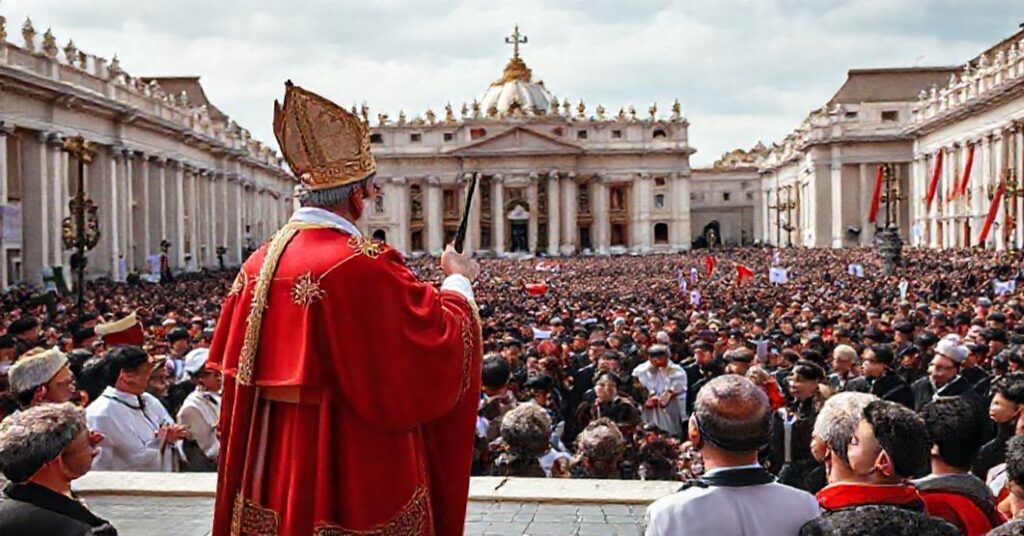 Widok ceremonii na Placu św. Piotra w Watykanie, gdzie osoba impersonująca 'Leona XIV' wygłasza błogosławieństwo Urbi et Orbi w kilku językach.