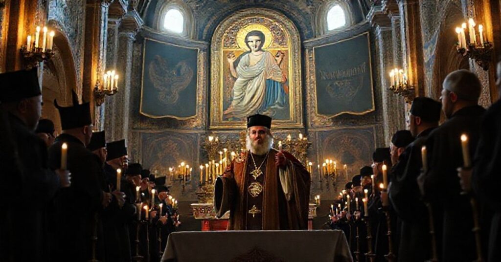 Wnętrze schizmatyckiej katedry św. Jerzego w Stambule z uzurpatorem "Leonem XIV" podczas ekumenicznego spotkania