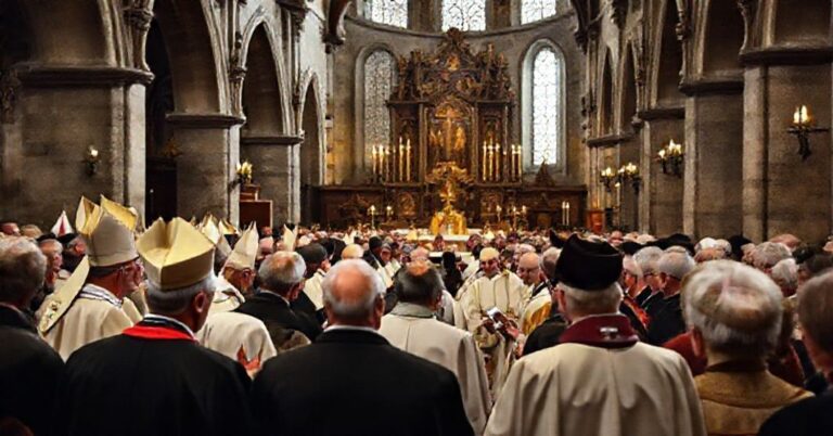 Zdjęcie przedstawiaje zgromadzenie biskupów katolickich i innych liderów religijnych w Lublinie, podkreślając kontrowersje dotyczące ekumenizmu i tradycyjnego chrześcijaństwa.