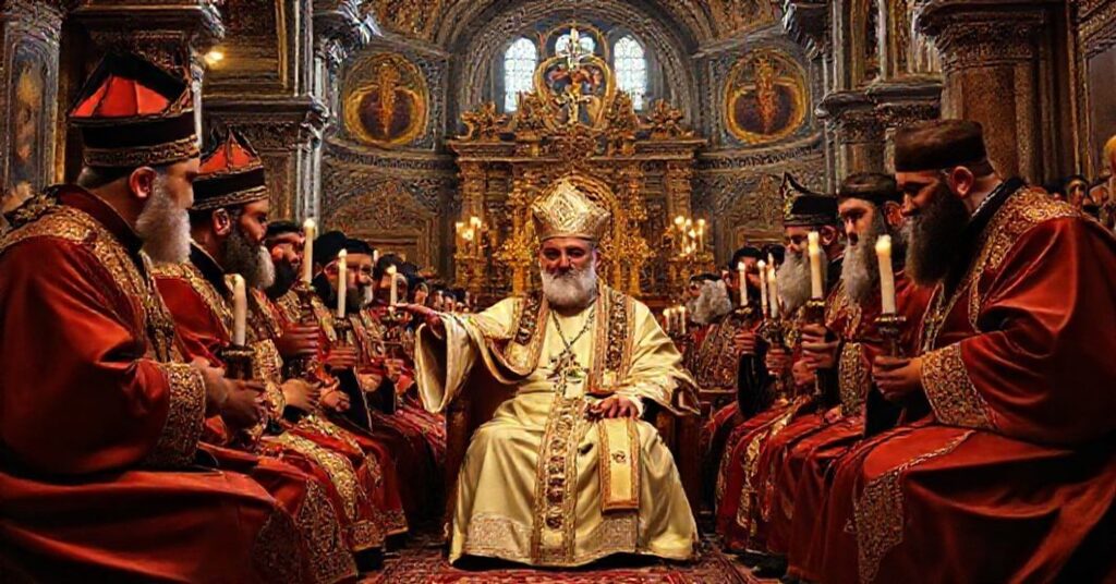 Wizerunek ukazujący fałszywego papieża Leona XIV podczas ekumenicznej liturgii w Stambule z ormiańskimi schizmatykami i Bartłomiejem I.