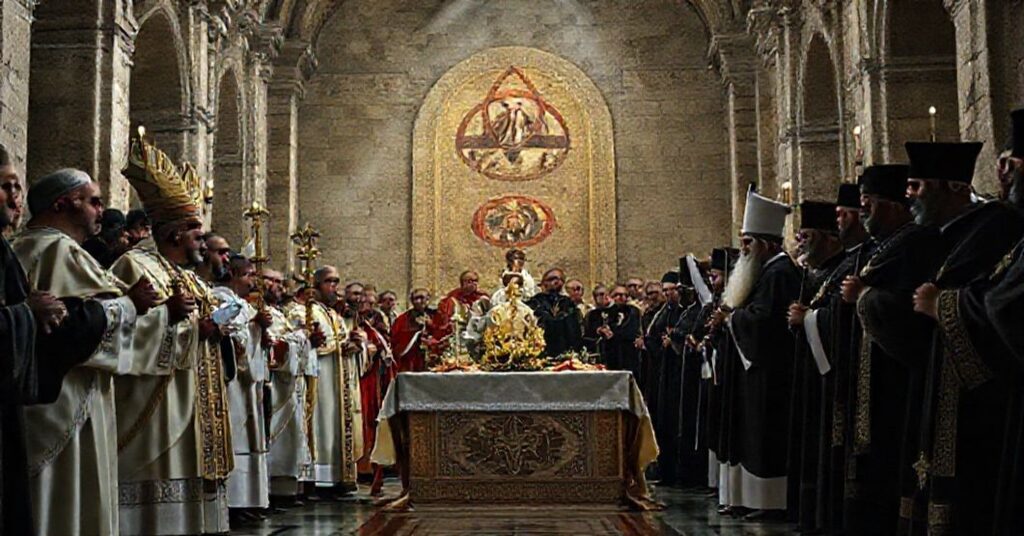 Scena w İzniku: "Papież" Leon XIV i "Patriarcha" Bartłomiej podczas ekumenicznego zgromadzenia zdradzającego Nicejskie Credo