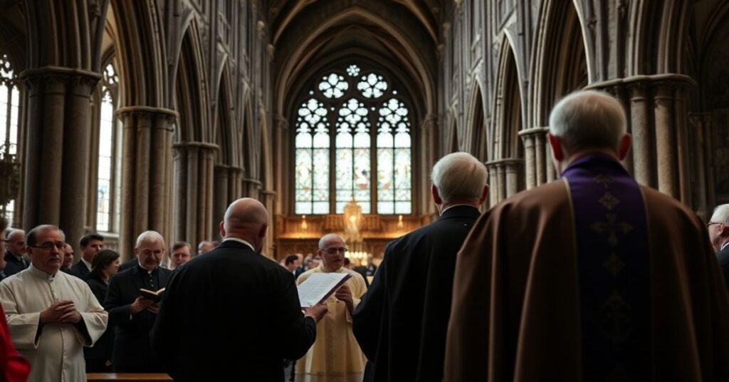 Zdjęcie przedstawiające fałszywe ekumeniczne zgromadzenie w Katedrze Westminsterskiej z udziałem "kardynała" Vincenta Nicholsa i byłego arcybiskupa anglikańskiego Rowana Williamsa.