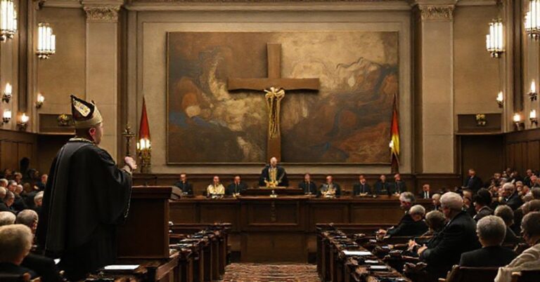 Scena w Radzie Najwyższej Ukrainy podczas ekumenicznego śniadania modlitewnego z udziałem pseudobiskupa Witalija Krywyckiego i heretyckich przedstawicieli.