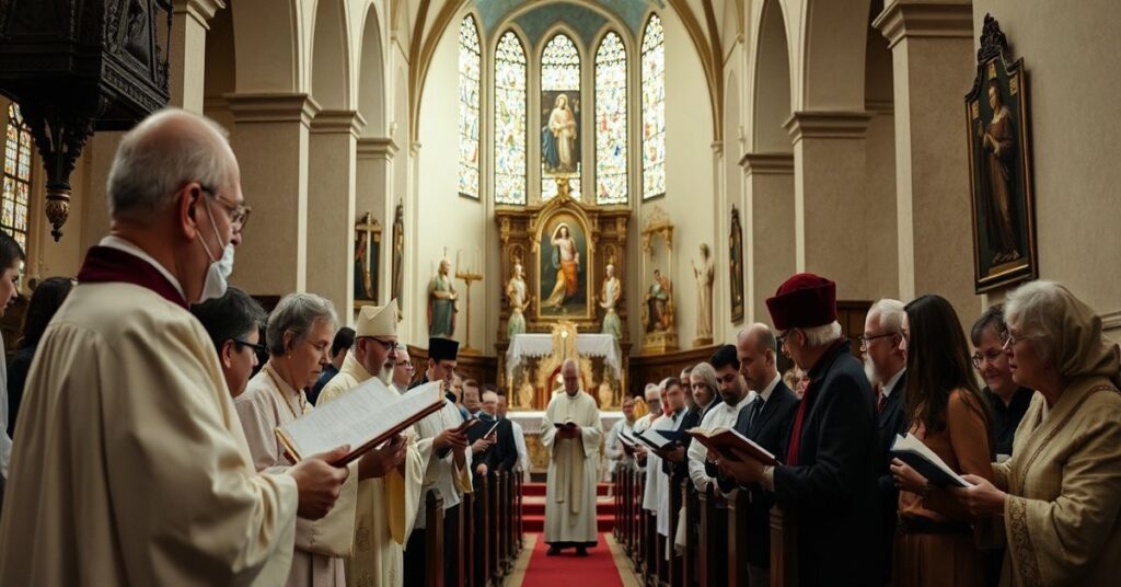 Wnętrze kościoła w Rakowie z ekumenicznym zgromadzeniem pod przewodnictwem biskupa Krzysztofa Nitkiewicza.