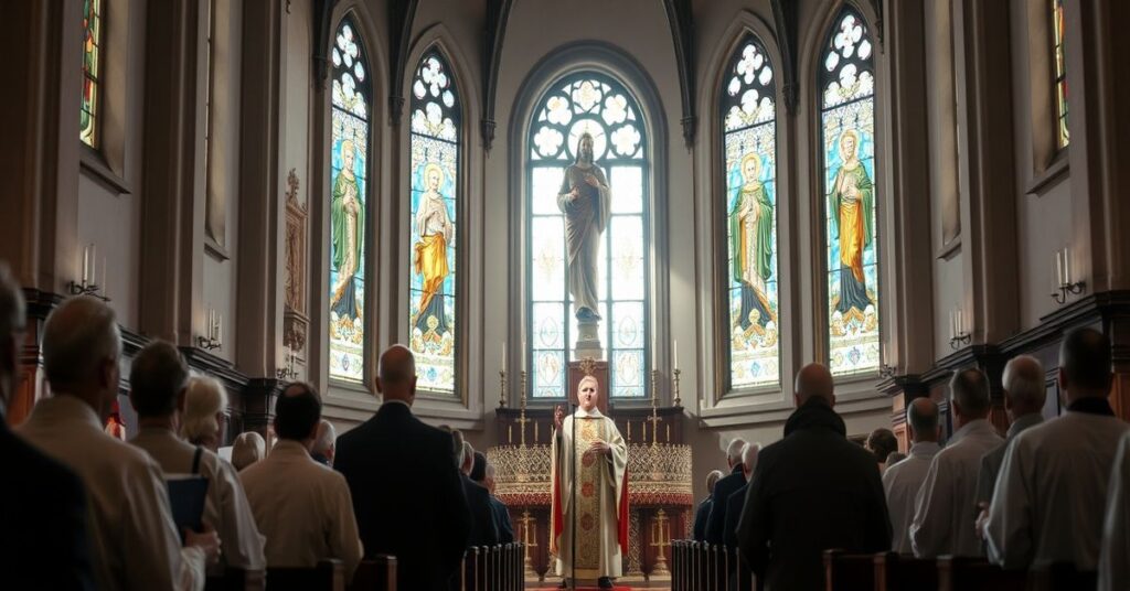 Wnętrze kościoła w Zielonej Górze podczas ekumenicznego nabożeństwa z udziałem ks. Roberta Patry i duchownych z różnych wyznani.