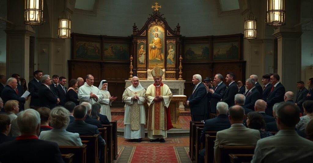 Wnętrze kościoła w Cieszynie podczas ekumenicznego zgromadzenia z udziałem fałszywych duchownych. Wierni obserwują z troską.