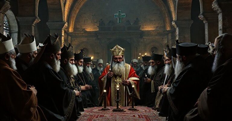 Zdjęcie ukazujące fałszywe ekumeniczne zgromadzenie w Izniku z uzurpatorem 'Leonem XIV' i przedstawicielami sekt protestanckich.