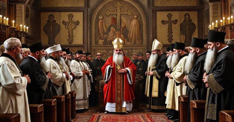 Obraz przedstawiający ekumeniczne zgromadzenie w Iznik (Nicei), z udziałem rzekomego papieża Leona XIV i heretyckich przywódców, w tym patriarchy Barłomieja I. Scena jest poważna i tradycyjnie katolicka, z akcentem na zdradę wiary i fałszywe jedność.