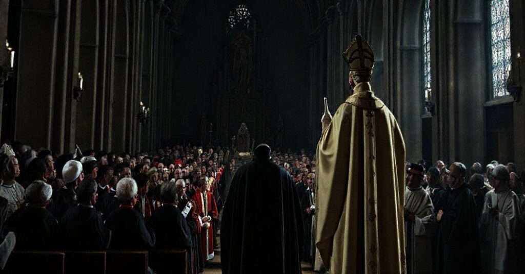 Ciemna wnętrze soboru z ekumenicznym zgromadzeniem: modernistyczny biskup w pełnym stroju liturgicznym przewodniczy zgromadzeniu z różnymi duchownymi. W tle stoi tradycyjna katolicka figura jako symbol wiary.