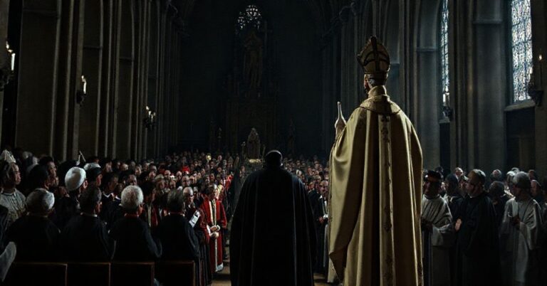 Ciemna wnętrze soboru z ekumenicznym zgromadzeniem: modernistyczny biskup w pełnym stroju liturgicznym przewodniczy zgromadzeniu z różnymi duchownymi. W tle stoi tradycyjna katolicka figura jako symbol wiary.