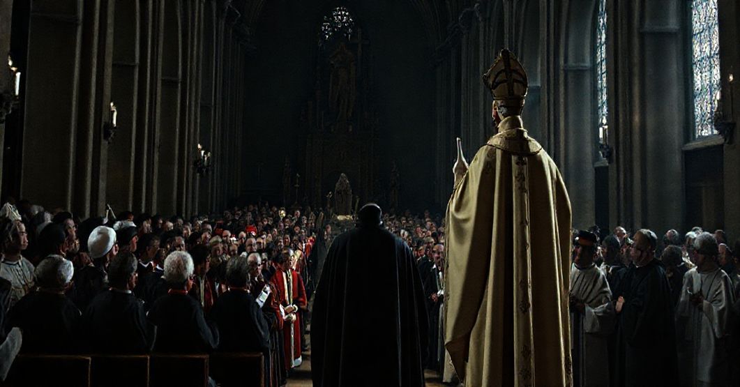 Ciemna wnętrze soboru z ekumenicznym zgromadzeniem: modernistyczny biskup w pełnym stroju liturgicznym przewodniczy zgromadzeniu z różnymi duchownymi. W tle stoi tradycyjna katolicka figura jako symbol wiary.