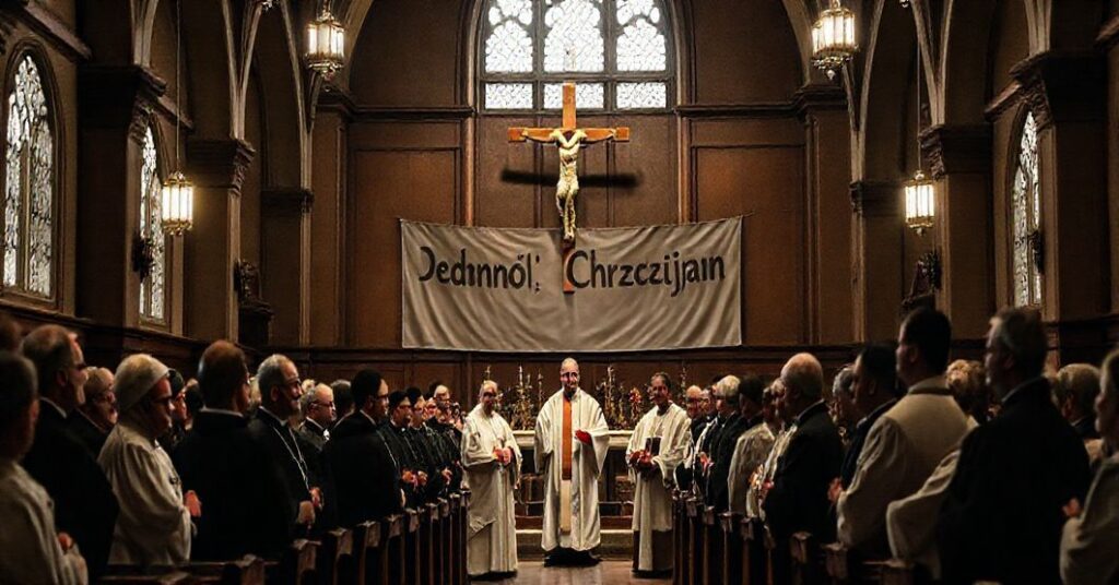 Grupowa modlitwa ekumeniczna w tradycyjnym kościele katolickim - symbolizuje zagrożenie synkretyzmu religijnego.