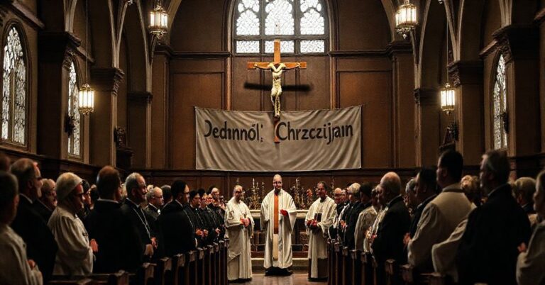 Grupowa modlitwa ekumeniczna w tradycyjnym kościele katolickim - symbolizuje zagrożenie synkretyzmu religijnego.