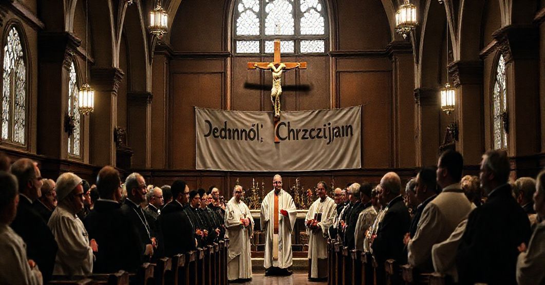 Grupowa modlitwa ekumeniczna w tradycyjnym kościele katolickim - symbolizuje zagrożenie synkretyzmu religijnego.