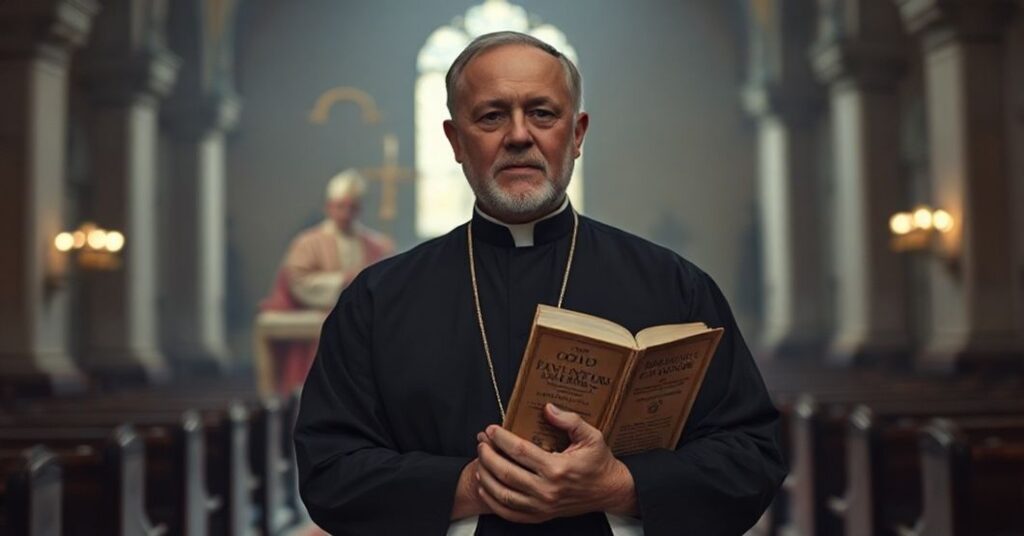 Tradycyjny ksiądz katolicki trzymający dokumenty z nauczaniem Piotra X i Piusa IX w ciemnym kościele.