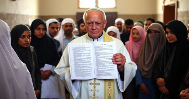 Sobór katolicki z tradycyjnym księdzem w ornaty i muzułmanie przed ekumenicznym katechizmem