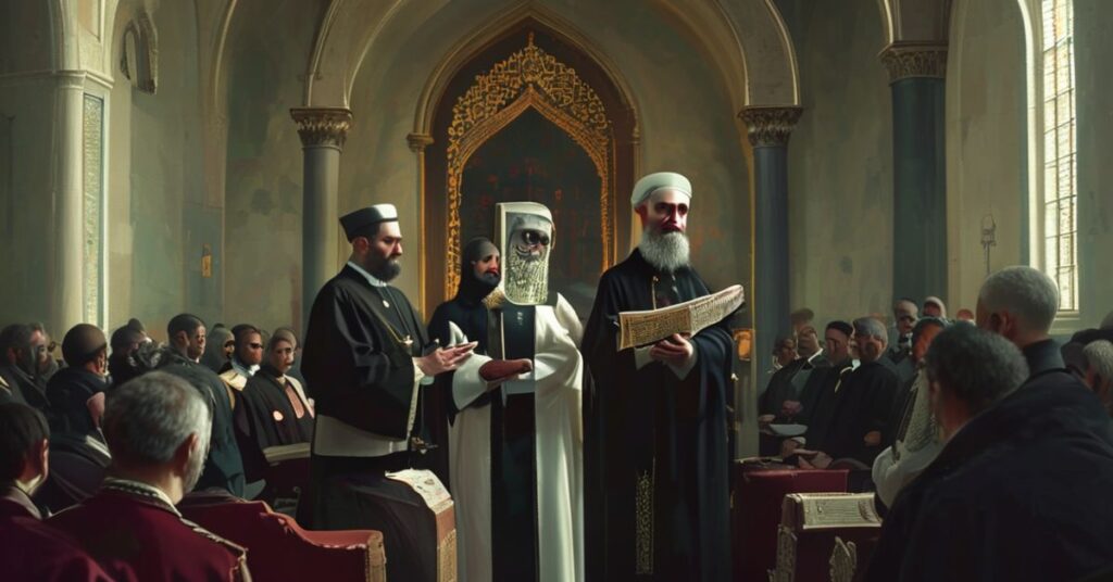 Wnętrze kościoła katolickiego z tradycyjną dekoracją podczas ekumenicznego wydarzenia z udziałem kleru i wiernych wraz z muzułmańskim imamem i katolickim kapłanem przy ołtarzu.