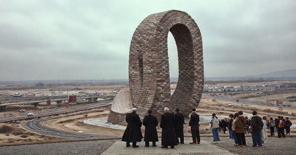 Smutny widok ekumenicznego pomnika w kształcie wstęgi Möbiusa stojącego na pustkowiu przemysłowym z widocznymi autostradami i reklamami