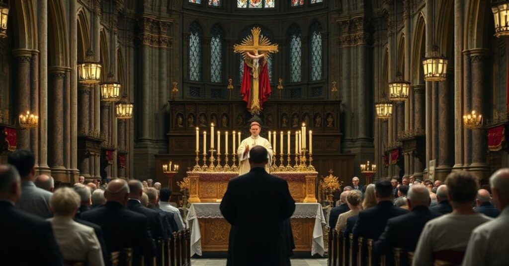 Tradycyjna katolicka msza w katedrze w Płocku podczas XXIX Dnia Judaizmu z rabinem i fałszywym kardynałem na tle.