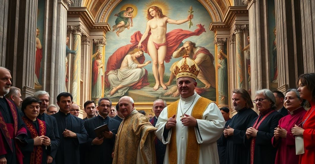 Zdjęcie przedstawiające ekumeniczną ceremonię w Kaplicy Sykstyńskiej między monarchą a modernistockim "papieżem" przed freskami Michała Anioła