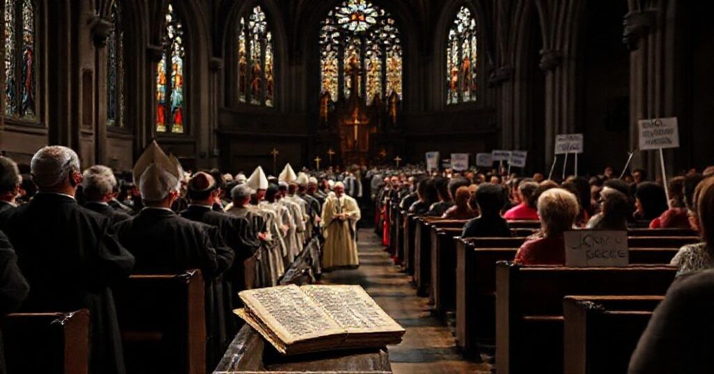 Procesja katolicka w Wrocławiu z udziałem arcybiskupa Józefa Kupnego i biskupów niemieckich przed tłem nowoczesnej sceny koncertowej