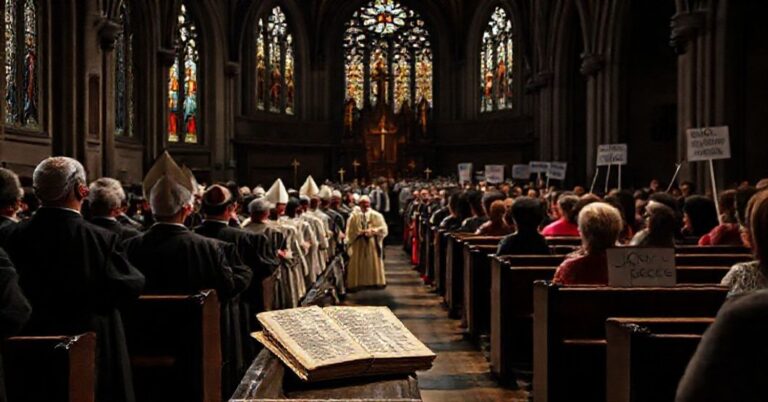 Procesja katolicka w Wrocławiu z udziałem arcybiskupa Józefa Kupnego i biskupów niemieckich przed tłem nowoczesnej sceny koncertowej