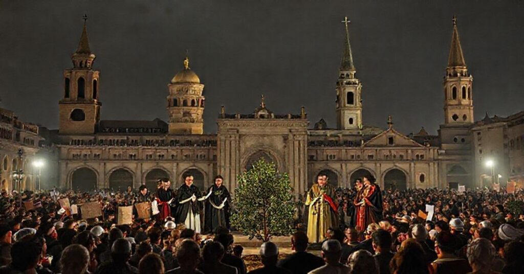 Scena ekumenicznego spektaklu w Bejrucie z udziałem Robertsa Prevosta jako 'Leona XIV' i przywódcami sekciarskimi na tle minaretów i dzwonnic kościelnych.