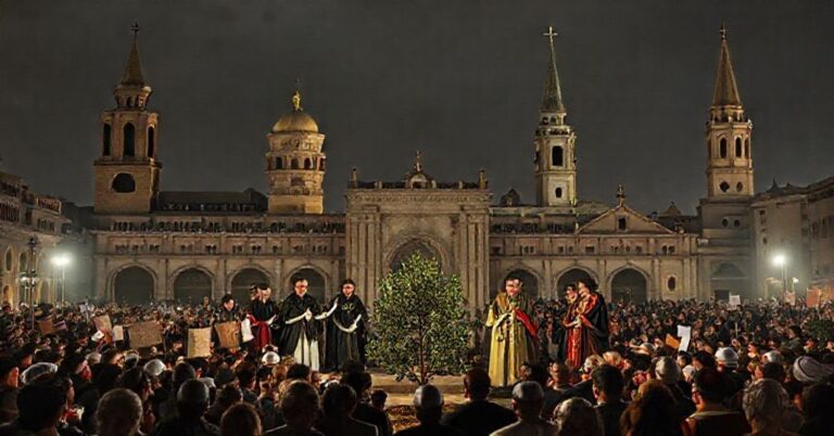 Scena ekumenicznego spektaklu w Bejrucie z udziałem Robertsa Prevosta jako 'Leona XIV' i przywódcami sekciarskimi na tle minaretów i dzwonnic kościelnych.