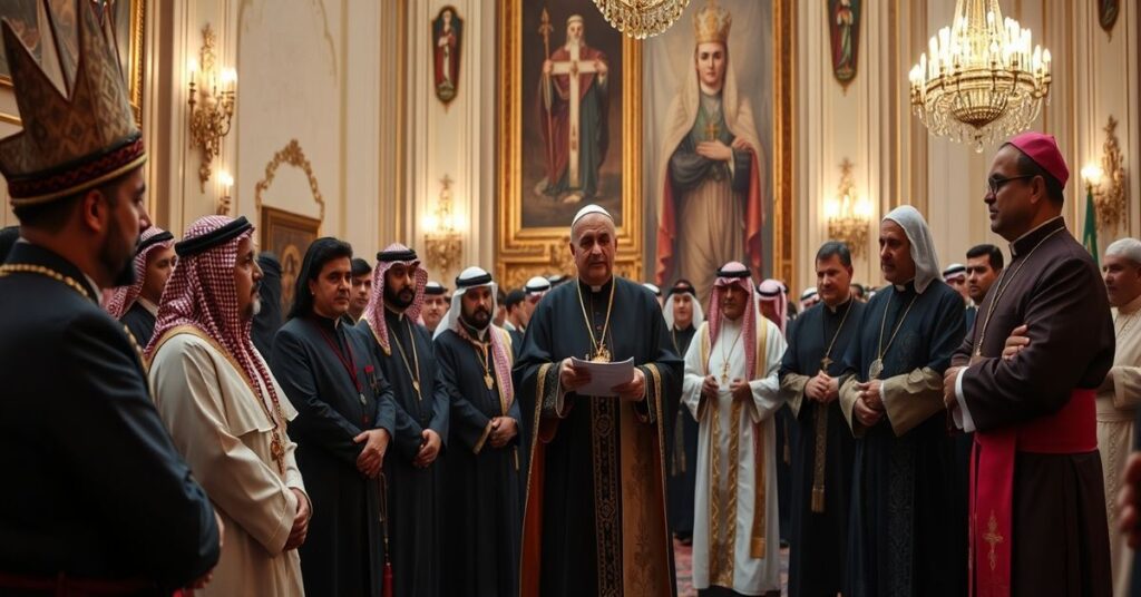 Wizerunek przedstawiający uroczystość ekumeniczno-synkretyczną w Abu Zabi z uczestnikami z Armenii, Azerbejdżanu, afgańską aktywistką Zarqą Yaftali oraz palestyńską organizacją Taawon. Na tle widoczny jest fałszywy papież Leon XIV i kardynał José Tolentino de Mendonça.