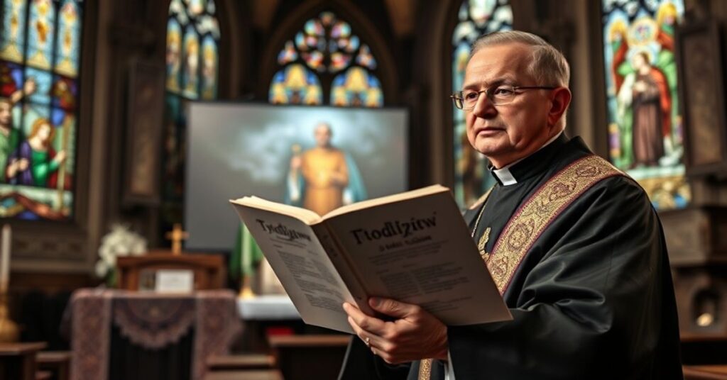Tradycyjny ksiądz w szata liturgiczne stoi przed ołtarzem z przekreślonym napisem "Tydzień Modlitw o Jedność Chrześcijan", na tle niejasny obraz "bpa" Adama Baba mówiącym z trybuny z widocznym napisem "Europejska Karta Ekumeniczna"
