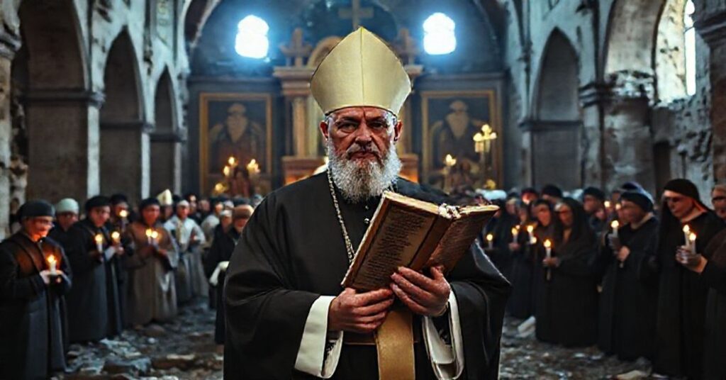 Sedevacantysta biskup stoi w ruinach chrześcijańskiego kościoła na Wschodzie podczas ekumenicznego zgromadzenia z udziałem modernistycznego 'papieża' i schizmatyckich przywódców.