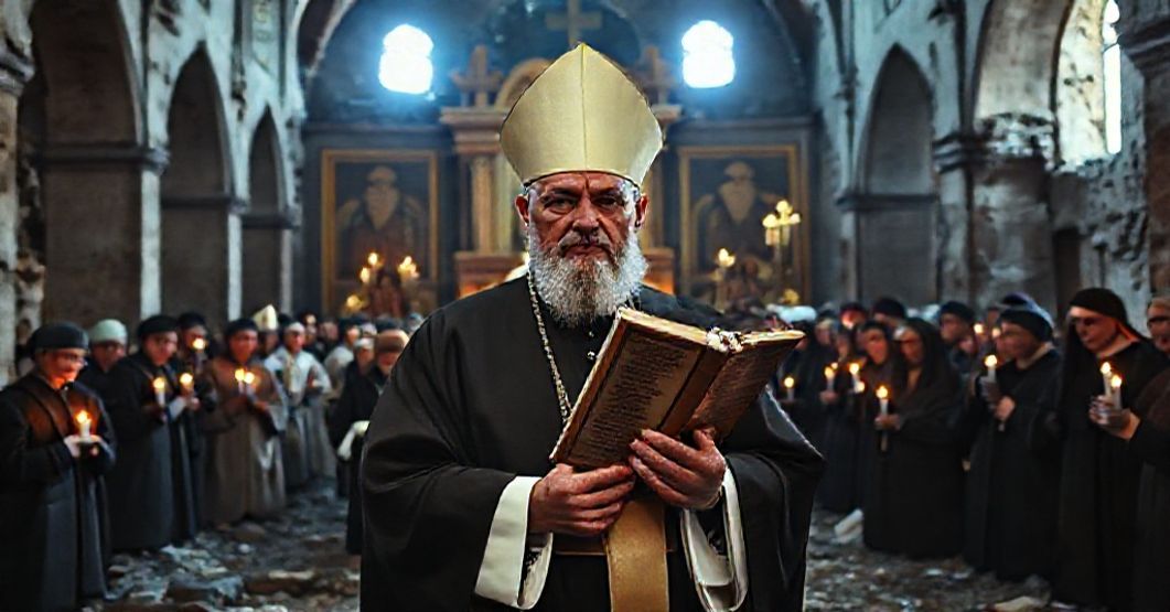 Sedevacantysta biskup stoi w ruinach chrześcijańskiego kościoła na Wschodzie podczas ekumenicznego zgromadzenia z udziałem modernistycznego 'papieża' i schizmatyckich przywódców.