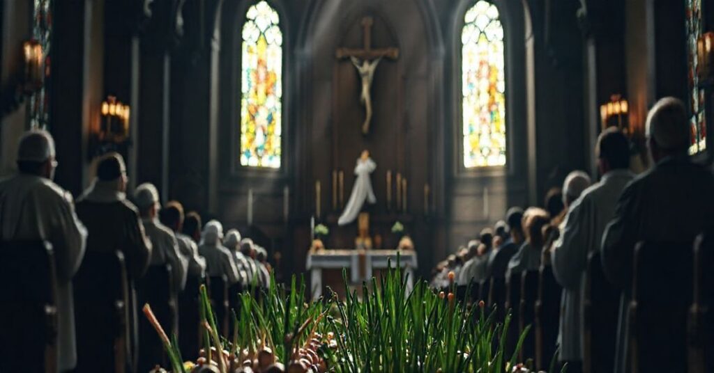 Wnętrze tradycyjnego kościoła katolickiego podczas ekumenicznej modlitwy. W tle ołtarz z krzyżem Chrystusowym, w przodzie dzieci sadzą cebulki. Scena symbolizuje apostazję i utratę katolickiej tożsamości.