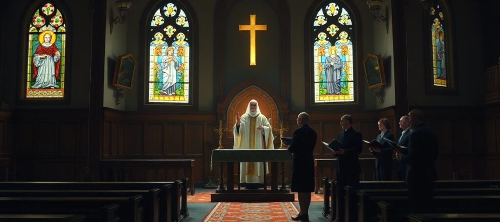Tradycyjny wnętrze kościoła z księdzem w kokardzie odprawiającym Mszę Świętą na tle witraży przedstawiających Eucharystię i Ducha Świętego. Na pierwszym planie stoi wysoce rozczarowani Ralph Martin, Mary Healey i Rainerio Cantalamessa z ekumenicznymi modlitewnikami.