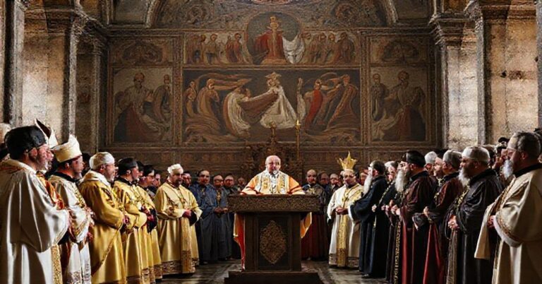 Grupa religijnych przywódców, w tym Leo XIV i przedstawiciele protestantyzmu i schizmatycy, uczestniczą w ekumenicznym spotkaniu w Izniku. Scena jest osadzona w historycznym kościele z mozaikami przedstawiającymi Nicejskie Wyznanie Wiary na tle.