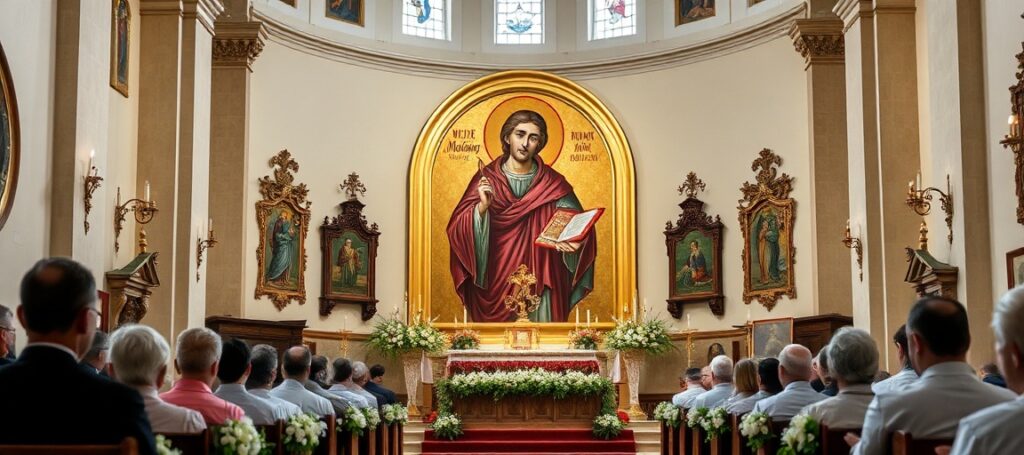 Widok tradycyjnej greckokatolickiej cerkwi w Jarosławiu podczas uroczystości jubileuszowych z udziałem abp. Światława Szewczuka i abp. Adama Szala.