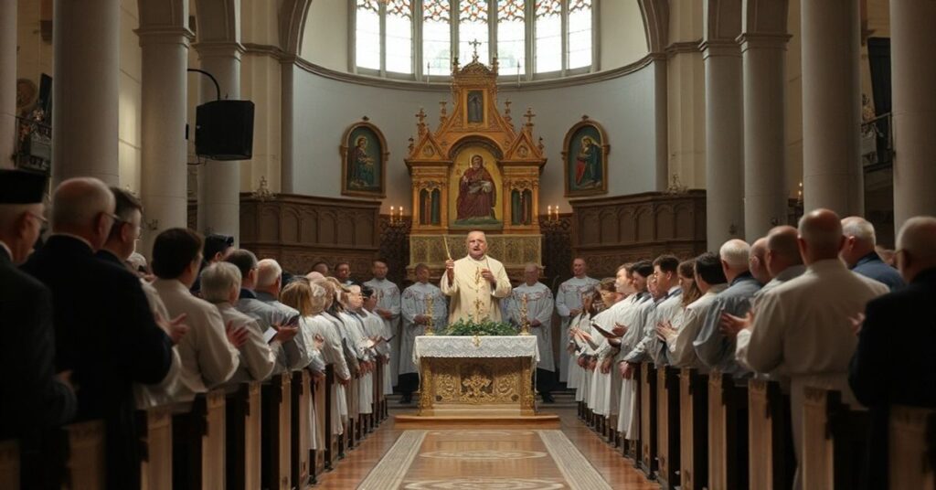 Wnętrze kościoła w Kielcach podczas ekumenicznego nabożeństwa z udziałem katolików i schizmatyków. Scena przedstawia klerykowych heretyków w tradycyjnych szatach liturgicznych.