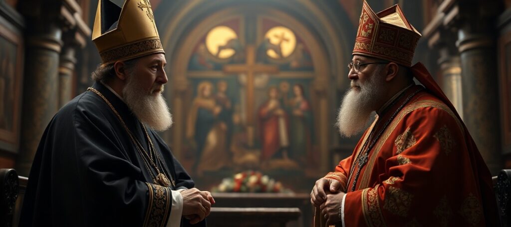 Obraz przedstawiający fałszywy ekumeniczny dialog między uzurpatorem Leonem XIV a prawosławnym patriarchą Tawadrosem II w kontekście tradycyjnego chrześcijańskiego symbolizmu. Scena wypełniona jest czułością i nostalgią za prawdziwą wiarą katolicką.