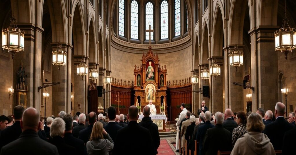 Wnętrze bazyliki dominikanów w Lublinie podczas ekumenistycznej mszy za ofiary wojny na Ukrainie. Ksiądz Grzegorz Draus i o. Józef Klimurczyk celebrowali mszę świętą w obecności uchodźców ukraińskich i przedstawicieli konsulatu.