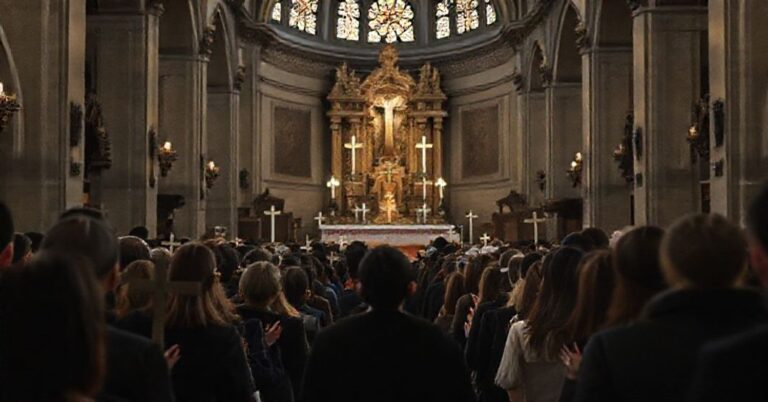 Smutny wnętrze kościoła w Paryżu z młodzieżą biorącą udział w ekumenicznych praktykach Taizé.