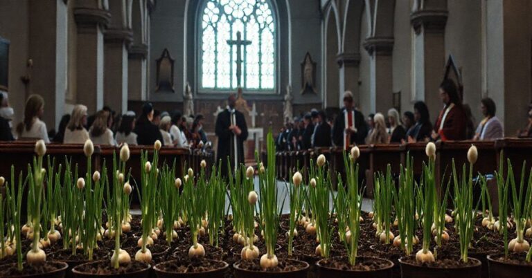Sobołeśny kościoł katolicki w cieniu ekumenicznego zgromadzenia. Uczniowie i fałszywi duchowni sadzą cebulki cebuli symbolizują fałszywą nadzieję bez Krzyża Chrystusowego.