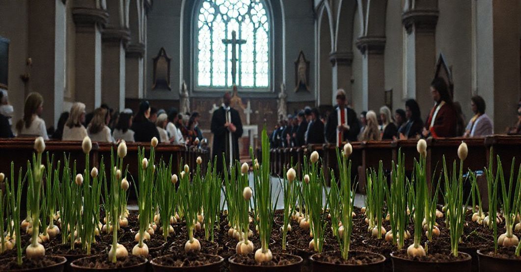 Sobołeśny kościoł katolicki w cieniu ekumenicznego zgromadzenia. Uczniowie i fałszywi duchowni sadzą cebulki cebuli symbolizują fałszywą nadzieję bez Krzyża Chrystusowego.