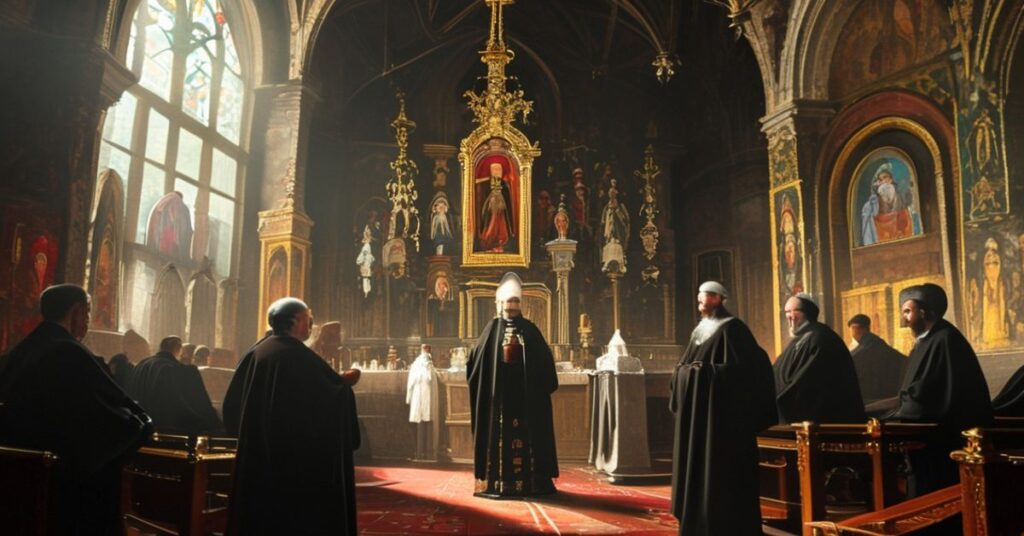 Obraz przedstawiający tradycyjny wnętrze kościoła katolickiego w Strykowie z biskupem Zbigniewem Wołkowiczem i mariawickim księdzem Stanisławem Bankiewiczem podczas kontrowersyjnej ekumenicznej modlitwy.