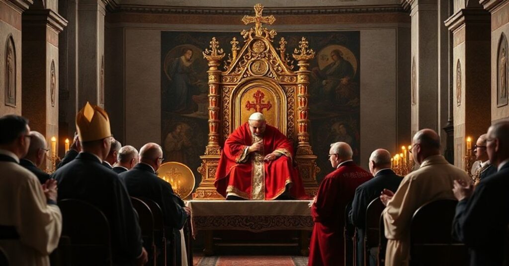 Obraz przedstawiający ekumeniczną wizytę pary królewskiej w Watykanie z tradycyjnego katolickiego punktu widzenia, akcentujący zdradę Mortalium animos i apostazję nowoczesnych gestów.