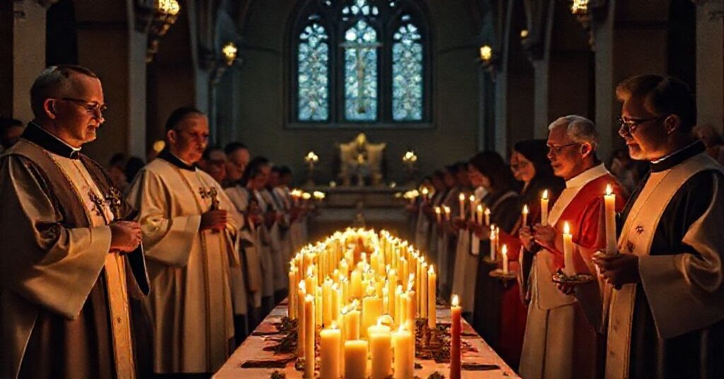 Katoliccy klerycy w ornatach w kościele podczas rozdawania ekumenicznych świec na Wigilię