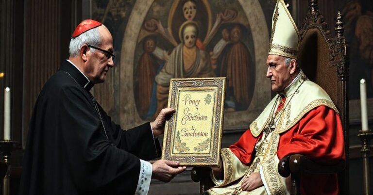 Scena przedstawiająca fałszywe ekumeniczne spotkanie między biskupem Krywickim z sekty posoborowej a uzurpatorem Leo XIV. W tlei wisząca ikona z napisem "Pray for Ukraine" w stylu synkretycznym.