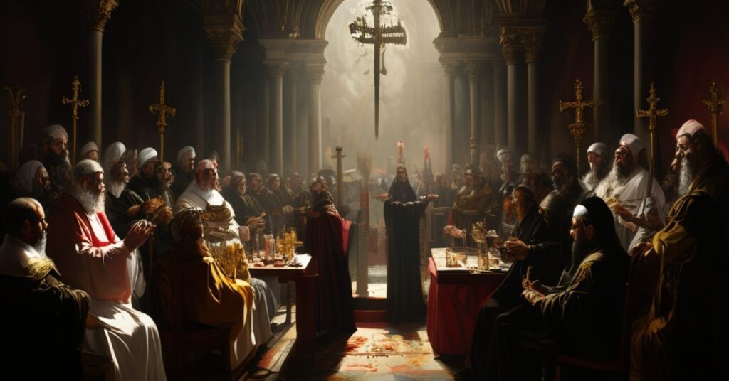 Zdjęcie przedstawiające ekumeniczny zbiór religijnych przywódców w prezydencie Pałac w Warszawie, z akcentem na fałszywej jedności i braku prawdziwej konwersji.