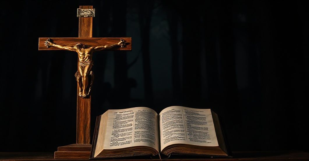 Drewniany krzyż z otwartą biblią w tle lasu z cieniutkimi sylwetkami małp symbolizującymi ewolucyjny mity. Scena ma wywołać szacunek i troskę o duchowe niebezpieczeństwo.