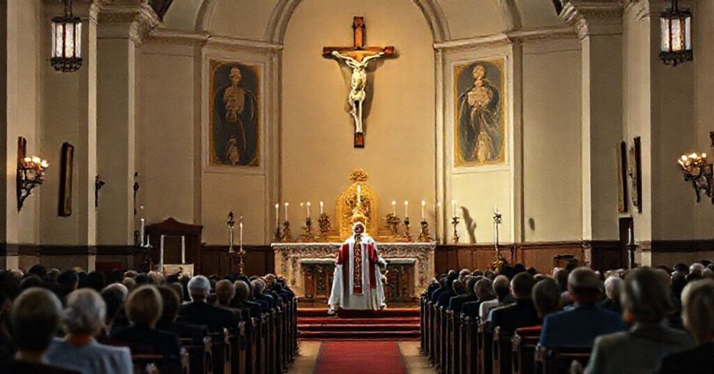 Wnętrze kościoła z nowym 'biskupem' na ambonie, brak sakramentalnych elementów i głęboki brak autentycznej wiary.