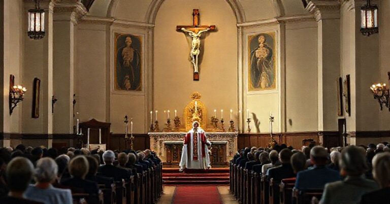 Wnętrze kościoła z nowym 'biskupem' na ambonie, brak sakramentalnych elementów i głęboki brak autentycznej wiary.